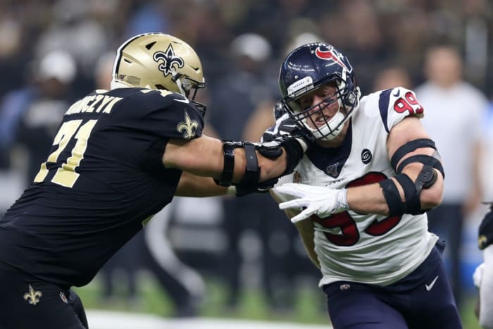 Sep 9, 2019; Houston defensive end J.J. Watt (99) is blocked by New Orleans Saints offensive tackle Ryan Ramczyk (71). Mandatory Credit: Chuck Cook-USA TODAY